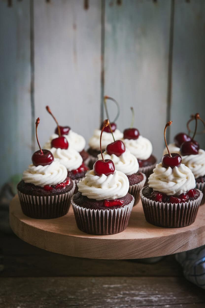 Indoor photo showing chocolate cupcakes filled with cherry compote, topped with whipped cream frosting and a maraschino cherry, against a wood background. No logos or text.