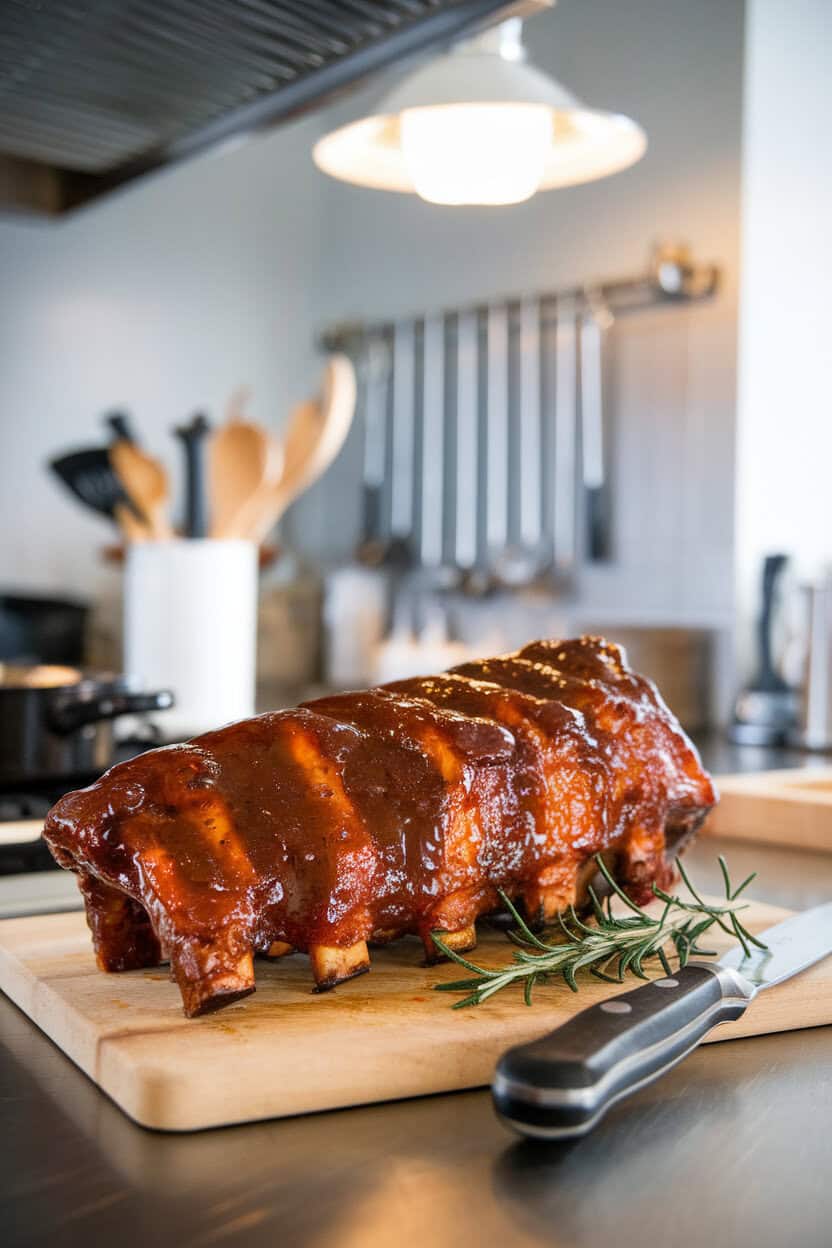 A kitchen island shot of glazed, cooked baby back ribs resting on a cutting board, sauce glistening, no text or logos in the frame.