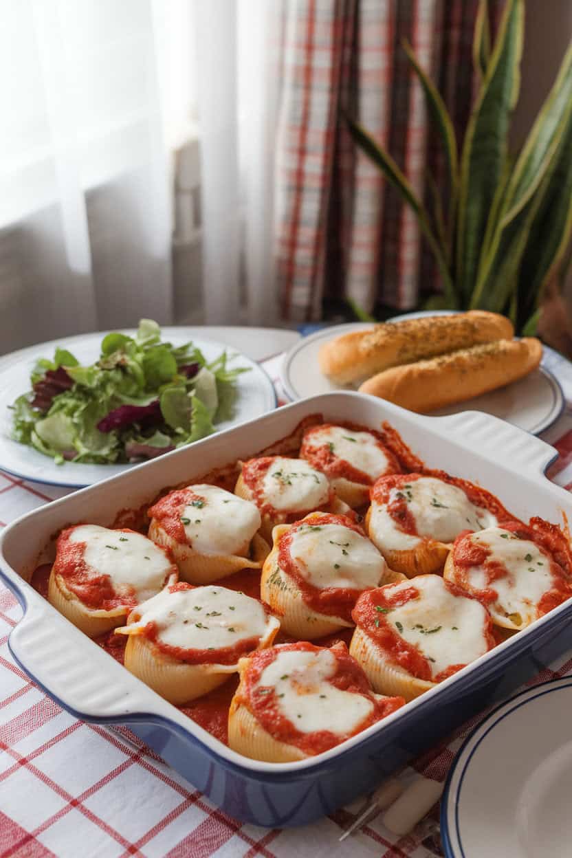 A baking dish on an indoor table showing jumbo pasta shells filled with ricotta and herbs, topped with marinara and melted mozzarella. No logos visible.