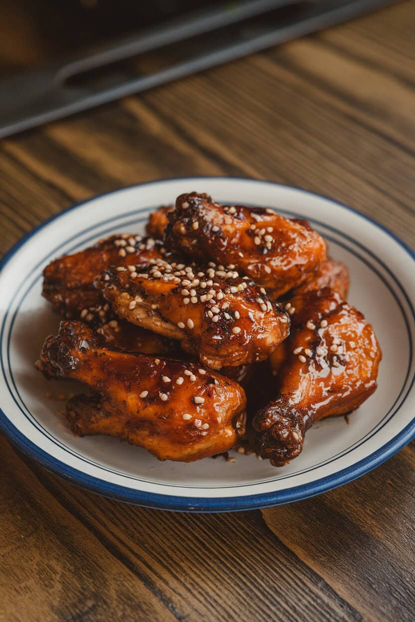 An indoor pub-style table showcasing baked chicken wings coated in a glossy black garlic and soy glaze, garnished with sesame seeds. No text or logos present; photo.