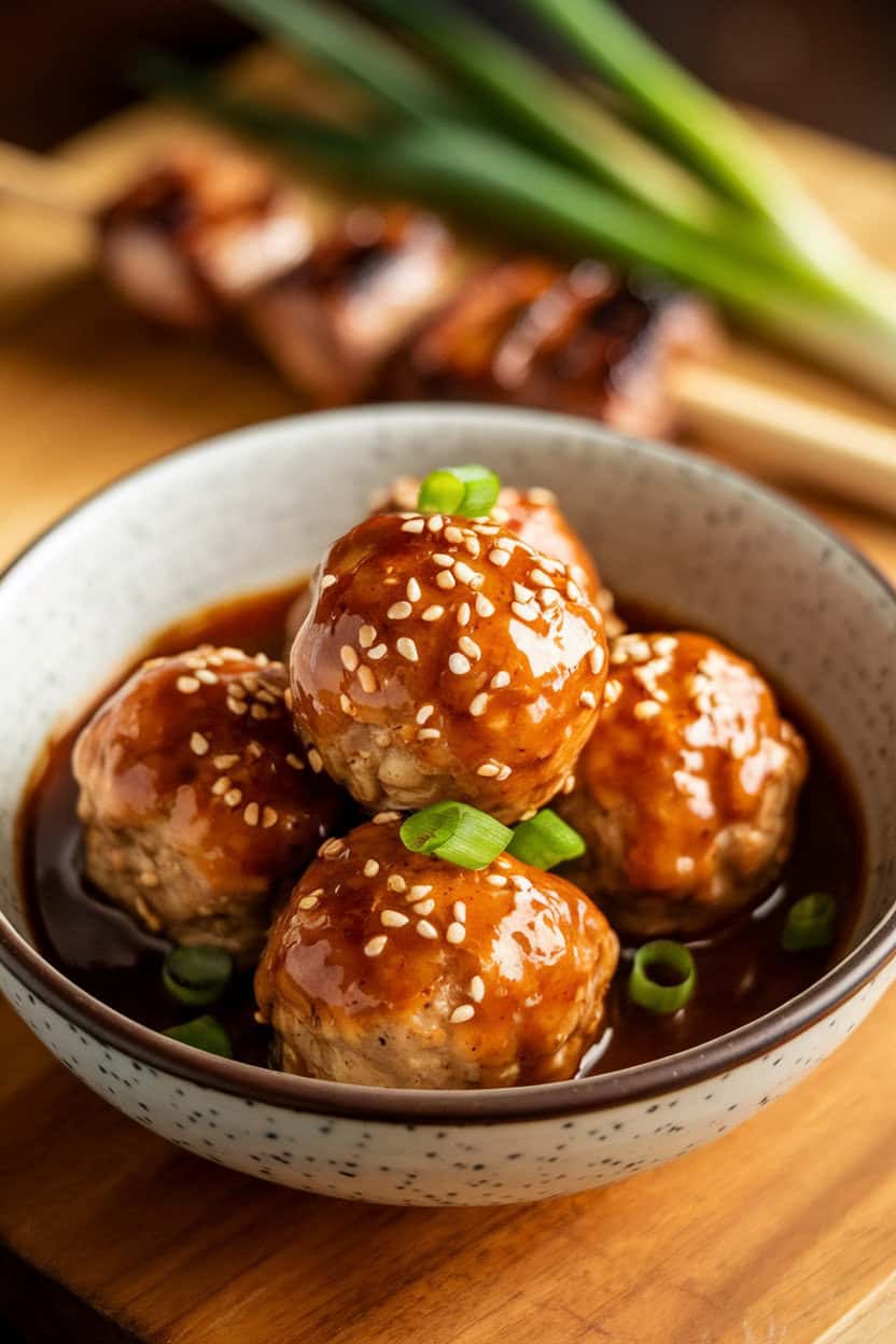 Bowl of glazed turkey miso meatballs sprinkled with sesame seeds, indoor tabletop shot, no text or logos.