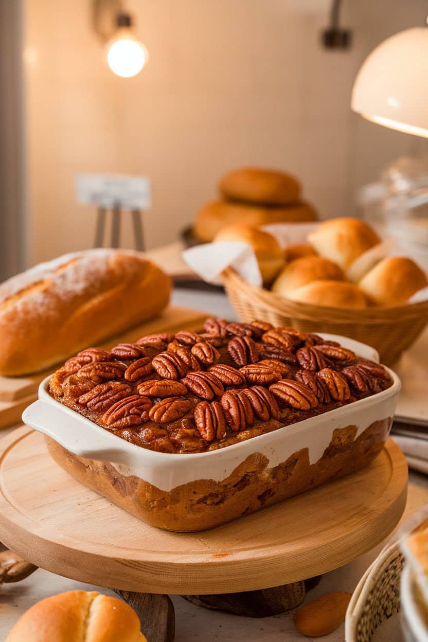 Warm indoor bakery scene with a casserole topped by glossy pecan praline, interior bread pudding visible beneath. No text or logos. Photo.