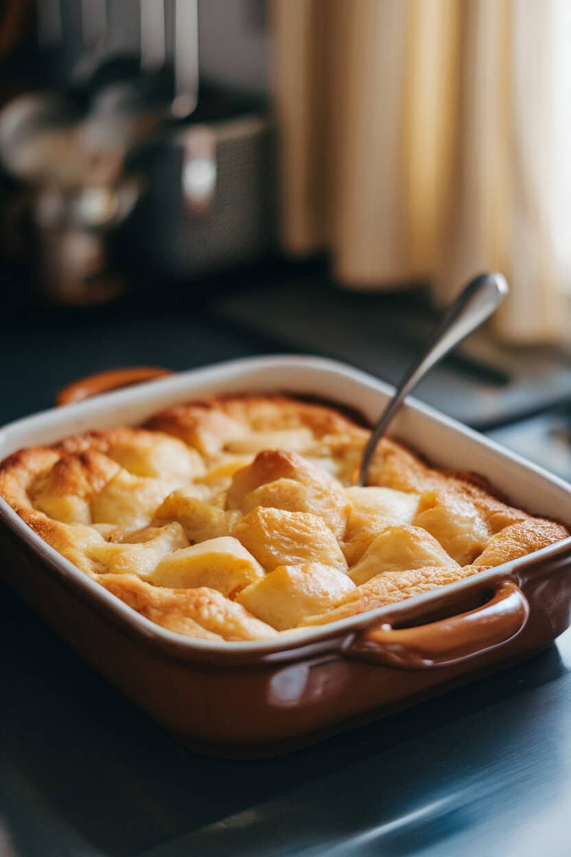 A ceramic baking dish on an indoor counter containing golden pear bread pudding, a serving spoon revealing custardy interior with pear chunks. No text or logos present. Photo only.