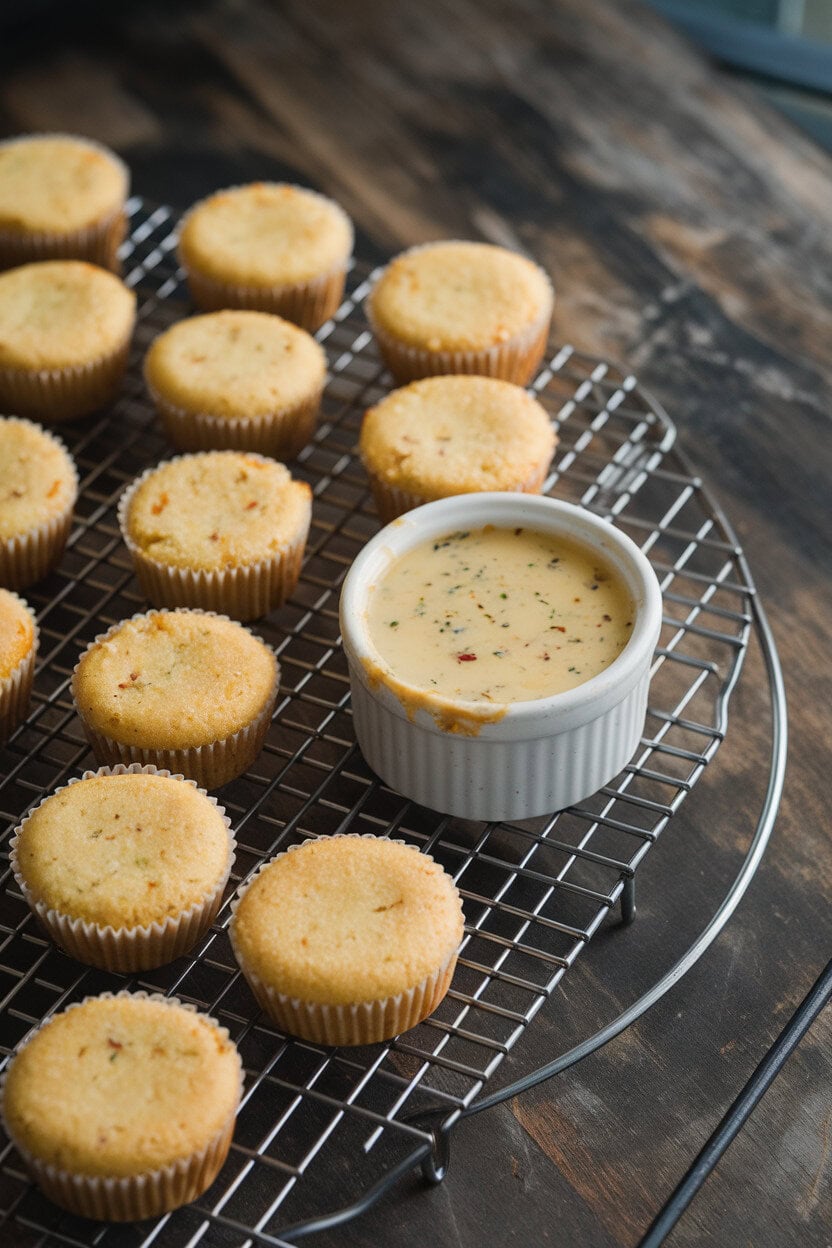 An indoor cooling rack lined with petite cornbread muffins, a ramekin of speckled jalapeño honey butter melting slightly beside them. No text or logos visible. Photo only.