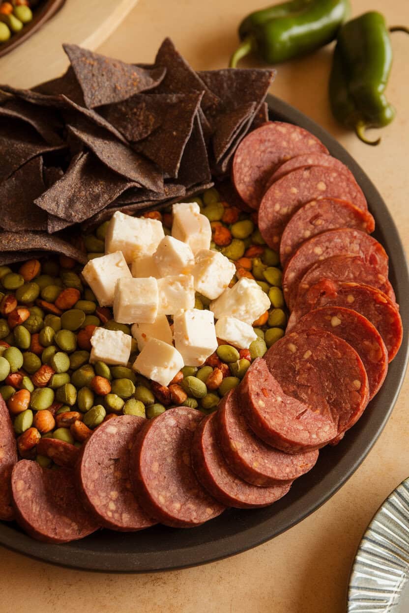 Warm indoor photo of chipotle-roasted pepitas, queso fresco cubes, sliced chorizo, and blue corn chips on a platter. No text or logos.