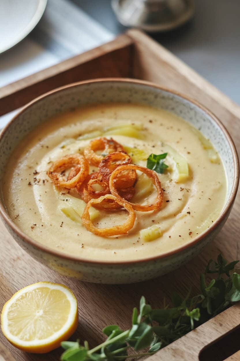 Indoor photo of pale potato leek soup in a wide bowl, topped with golden fried shallot rings. No text or logos