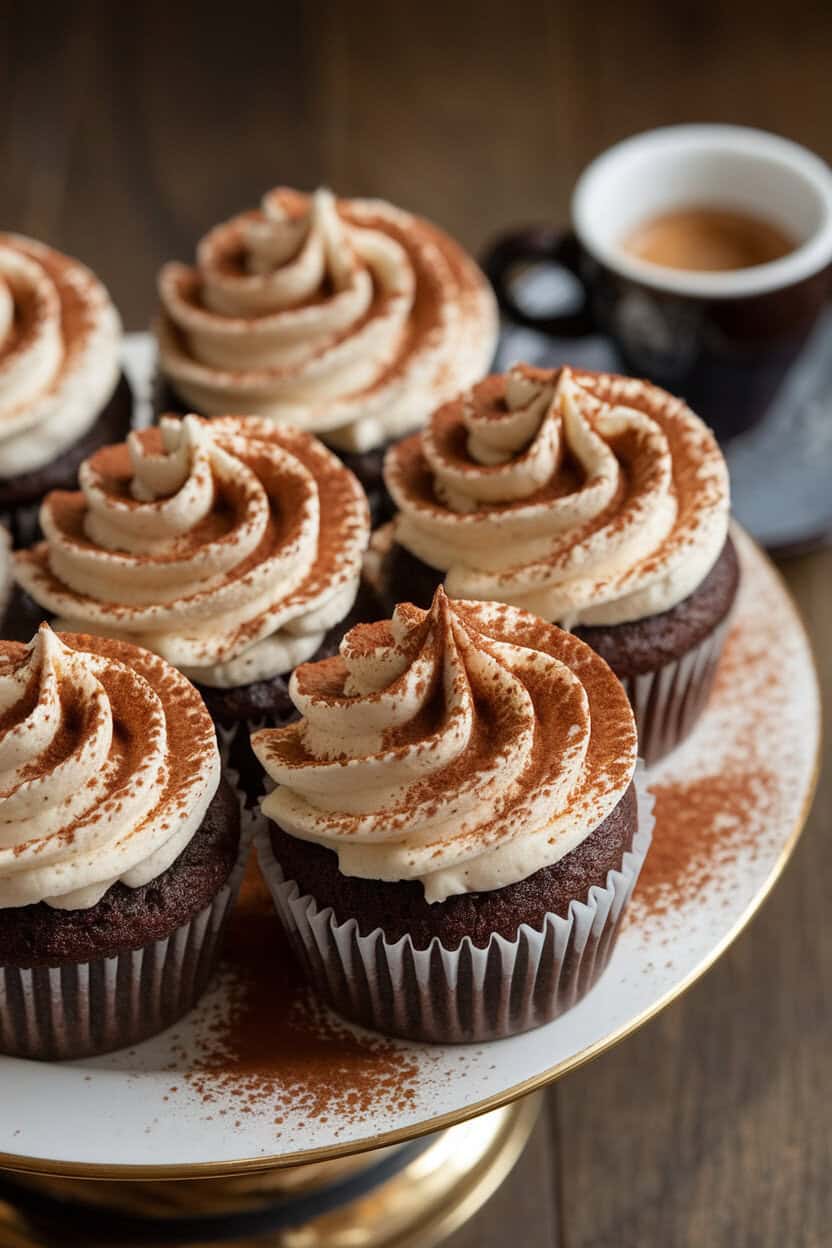 Indoor photo of espresso-soaked vanilla cupcakes with mascarpone frosting generously dusted with cocoa powder, arranged alongside a small espresso cup. No text or logos.