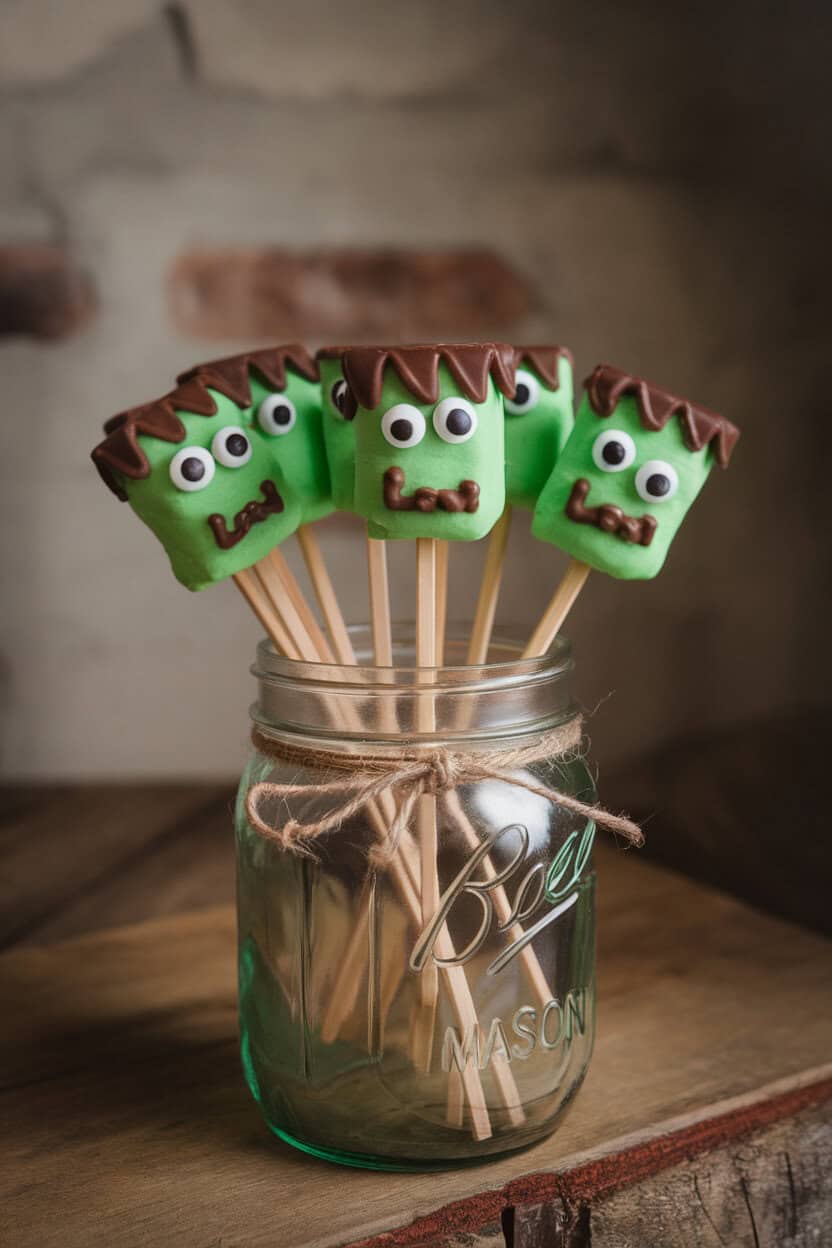 Indoor mason jar holding green candy-coated marshmallows on sticks, each decorated with candy eyes and chocolate “hair” resembling Frankenstein’s monster. No text or logos. Photo.
