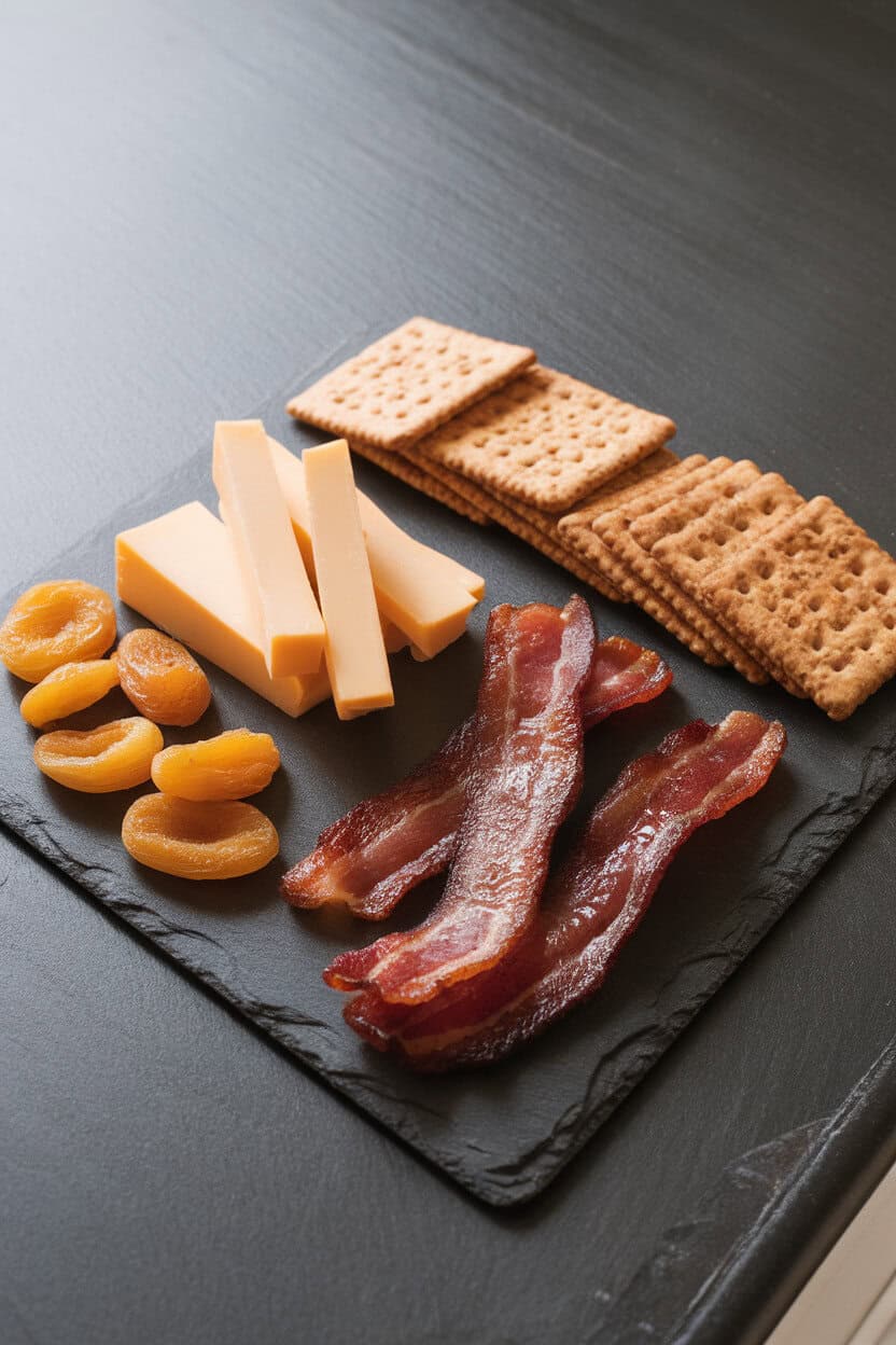 Photo of an indoor kitchen counter with thick white-cheddar cubes, maple-glazed bacon strips, dried apricots, and whole-grain crackers arranged on slate. No text or logos.
