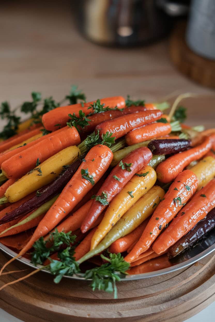 A platter of cooked multicolored carrots coated in a shiny honey glaze, parsley sprinkled on top, photographed indoors, no text or logos.