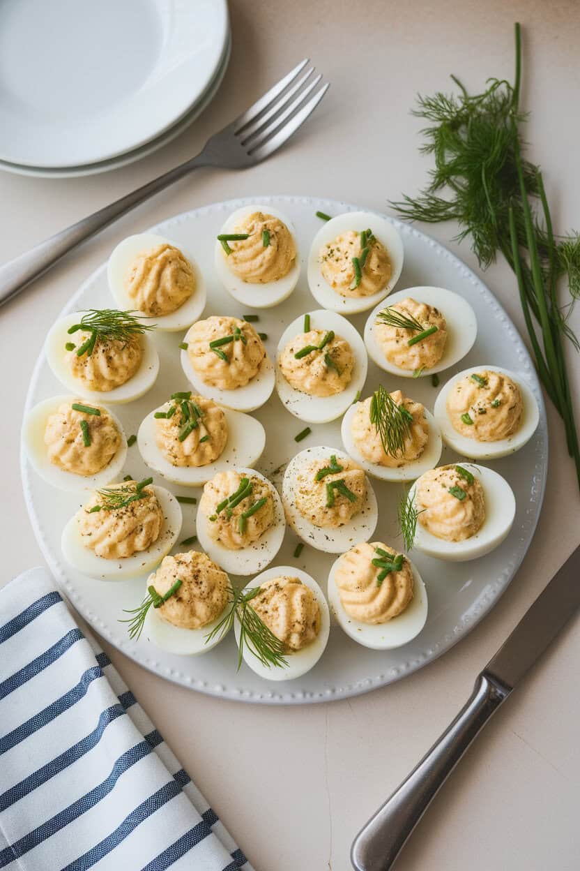 Indoor photo of deviled eggs sprinkled with fresh dill and chives on a white platter. No text or logos.