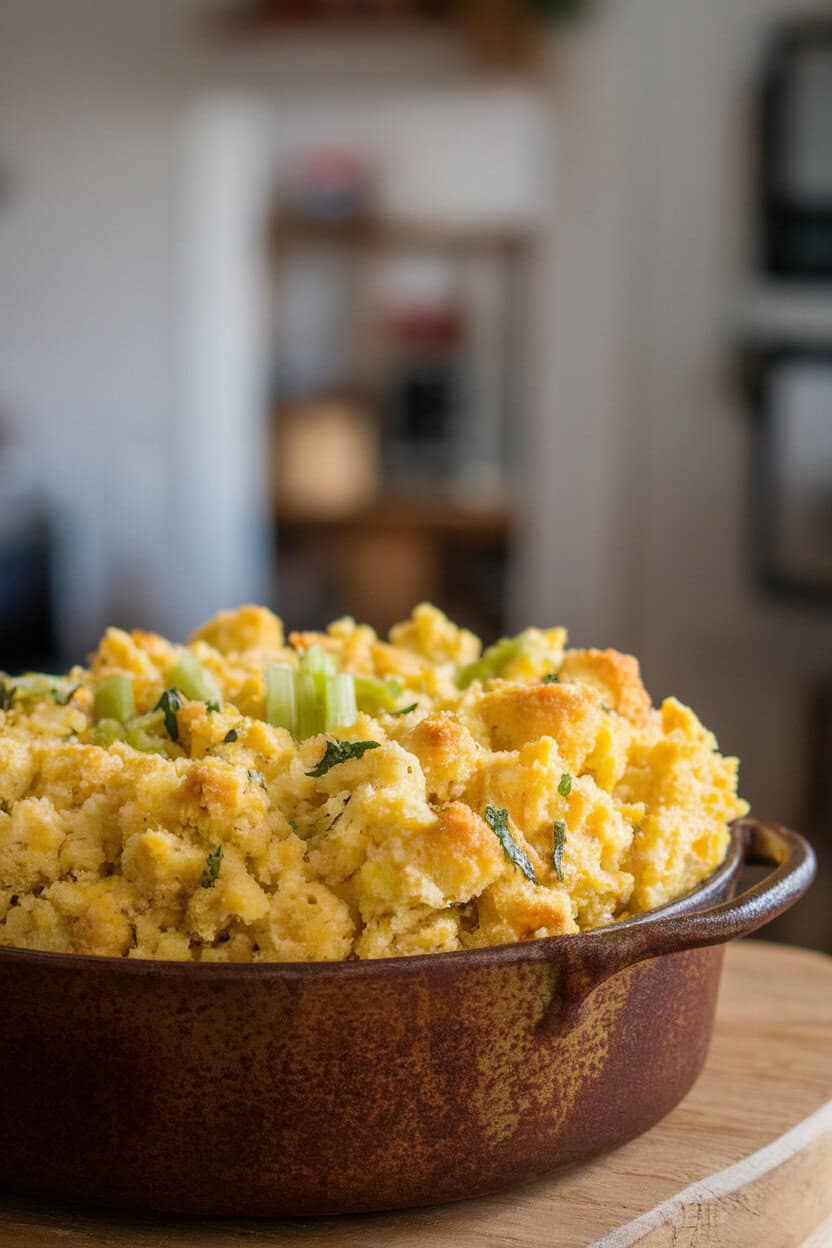 A rustic indoor baking dish filled with golden cornbread dressing dotted with celery and herbs, photographed at a slight angle. No logos or wording.