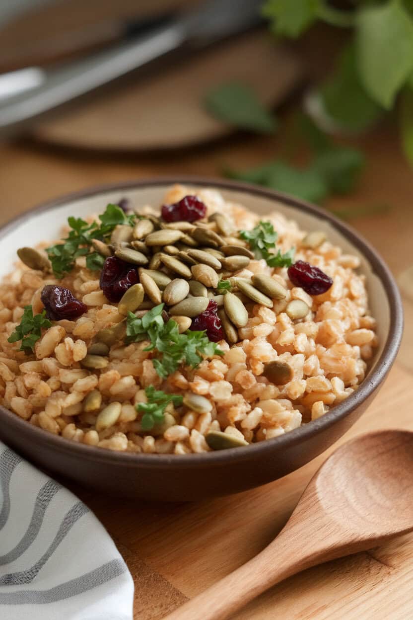 A warm indoor bowl of farro studded with toasted pumpkin seeds, chopped parsley, and dried cranberries, wooden spoon resting nearby. No text or logos visible.