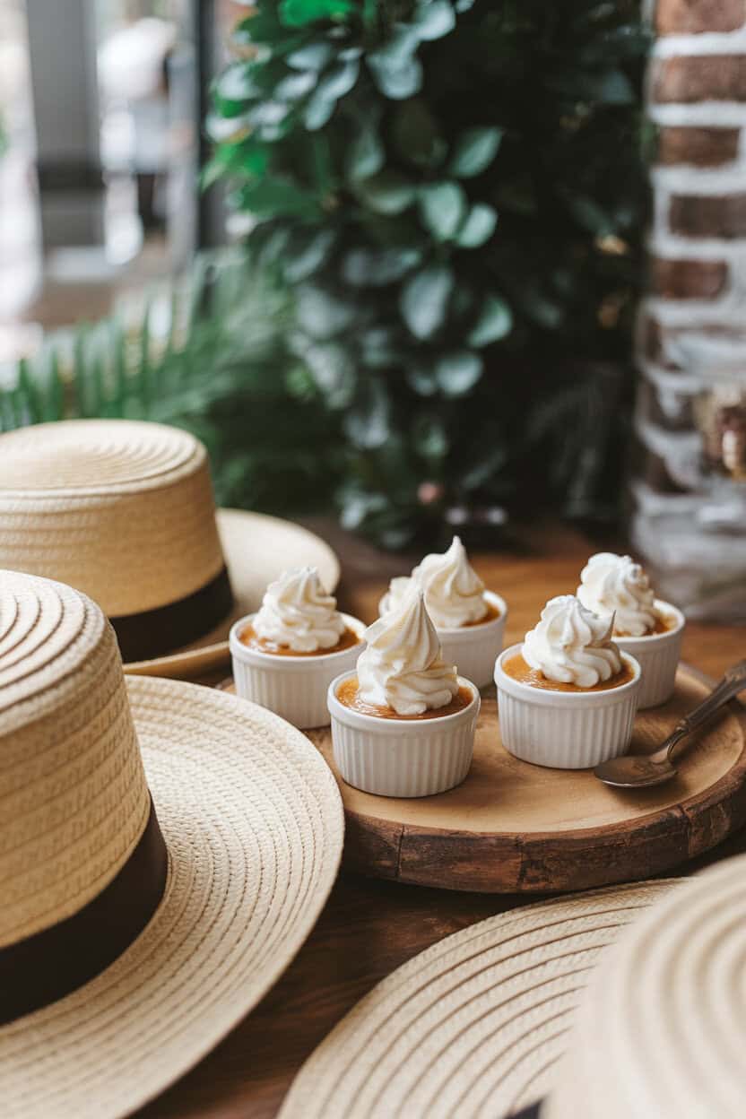 An indoor cafe-style scene with small ramekins of butterscotch pots de crème topped with whipped cream swirls. No text or logos.