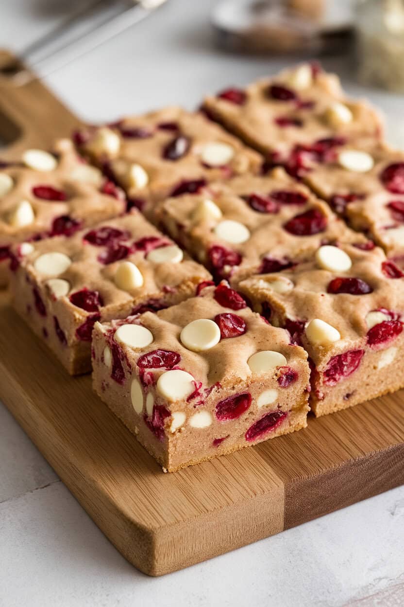 Indoor cutting board holding blondie squares dotted with cranberries and white chocolate chunks, no text or logos present.