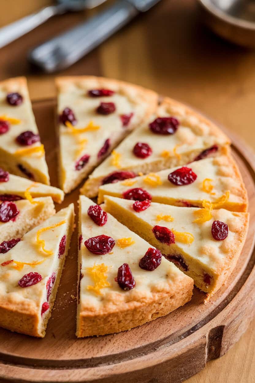 An indoor countertop scene featuring buttery shortbread wedges dotted with dried cranberries and citrus zest, arranged on a wooden board. No text or logos. Photo, not illustration.