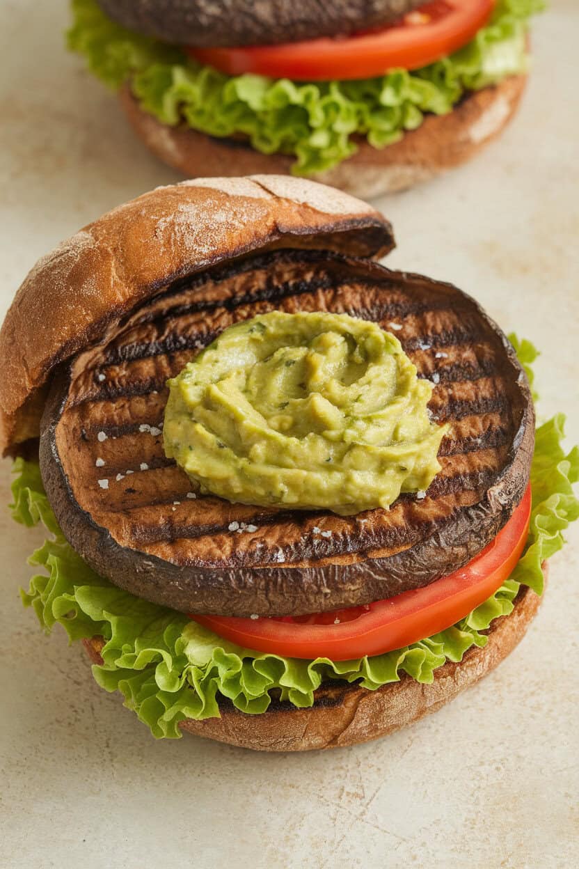Indoor countertop image of a grilled portobello mushroom cap tucked in a whole-grain bun with lettuce, tomato, and a generous spoonful of guacamole. No text or logos visible.