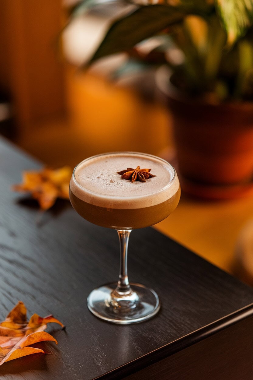 Indoor cocktail lounge vibe, coupe glass of light brown frothy drink, star anise garnish, autumn leaves blurred in background; no text