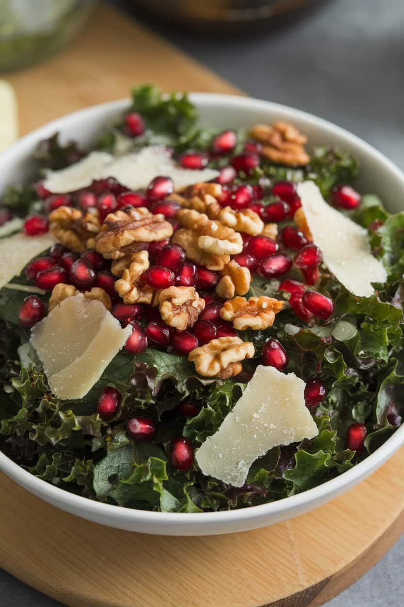 An indoor salad bowl filled with dark green kale, ruby pomegranate seeds, toasted walnuts, and shaved parmesan; photo, no text or logos.