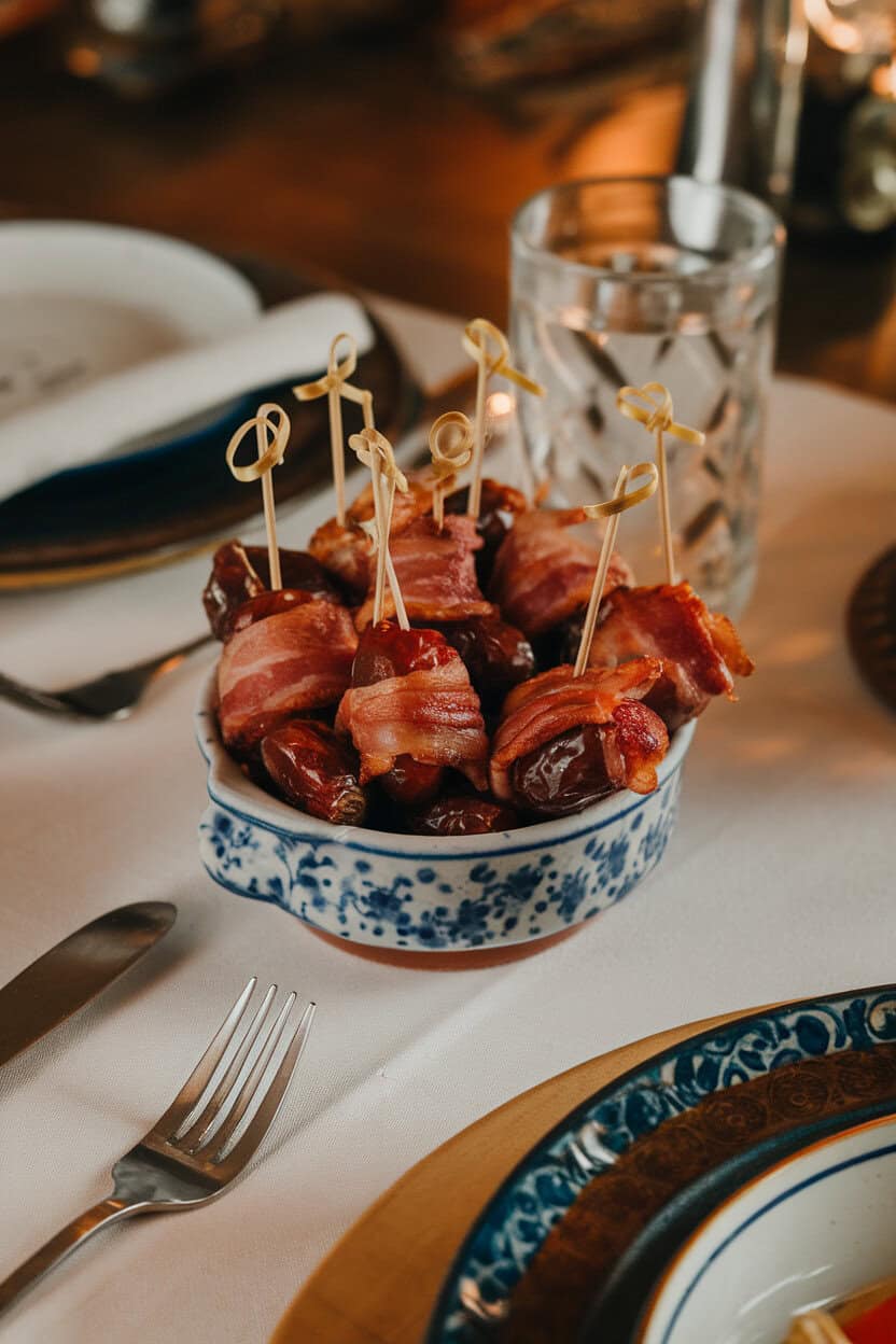 A small ceramic dish on a dinner table with bacon-wrapped dates, toothpicks for easy grabbing. Indoor lighting, no text or logos.