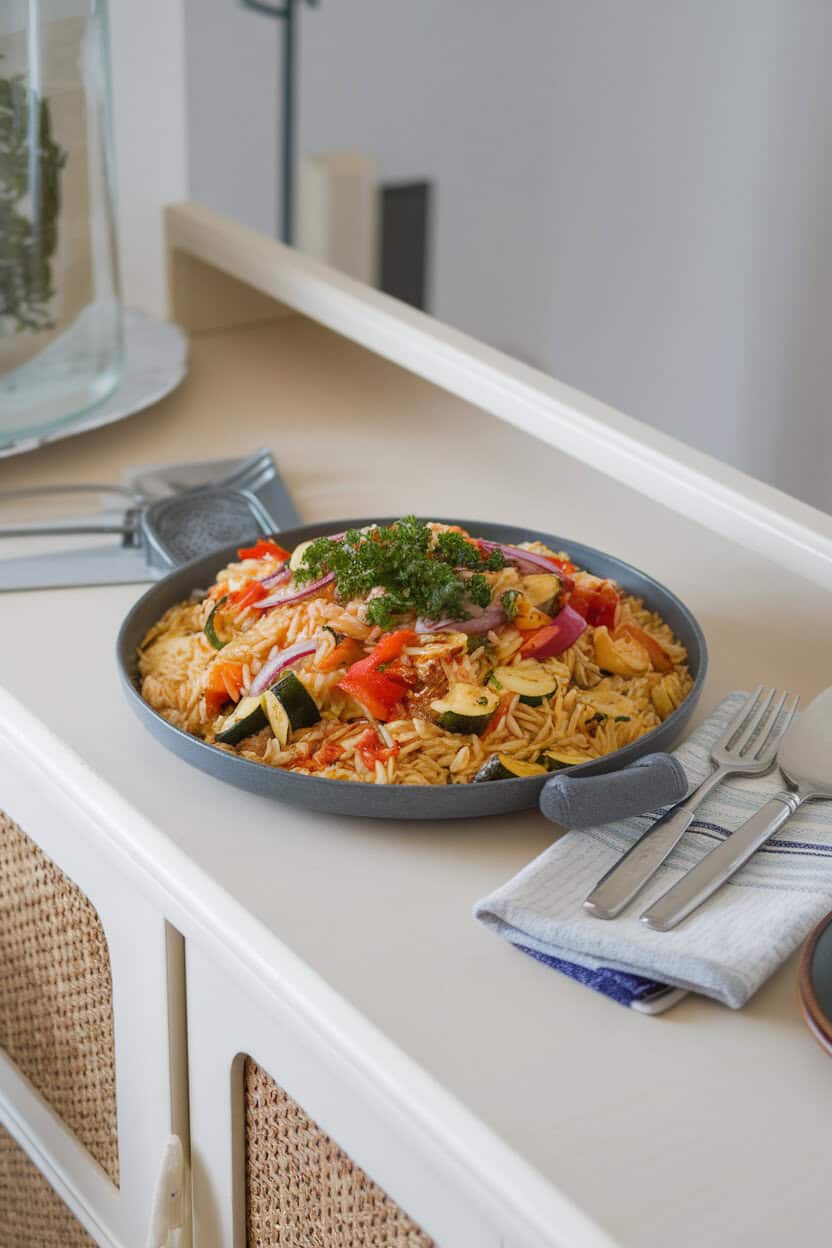 An indoor dining room sideboard featuring a platter of cooked orzo pasta mixed with roasted zucchini, bell peppers, and red onion, topped with parsley. No text or logos; photo, not illustration.