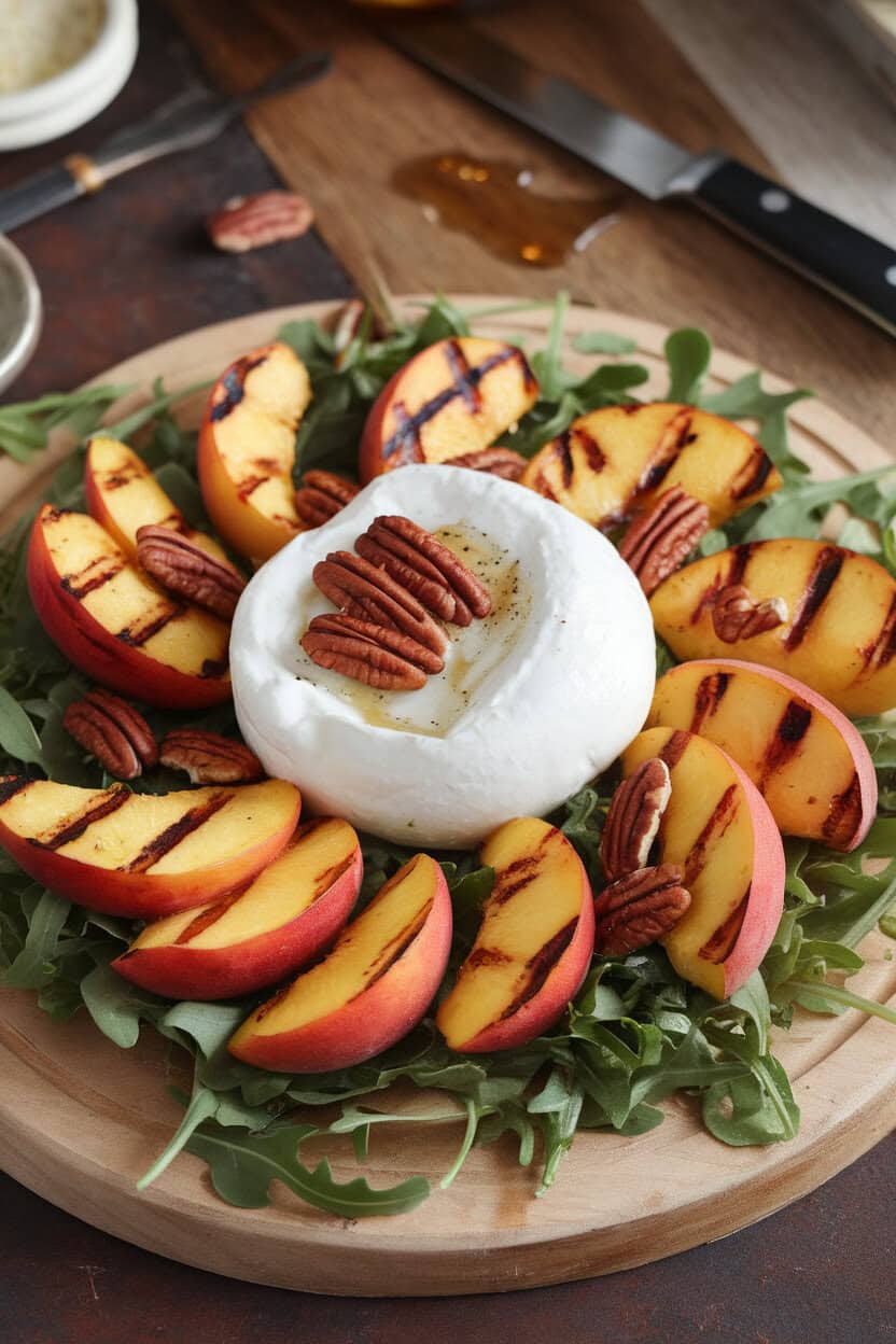 An indoor tabletop salad of grilled peach wedges, creamy burrata, arugula, and toasted pecans drizzled with honey—photo, no text or logos
