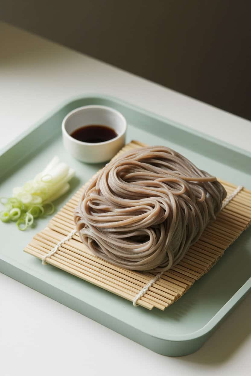 A softly lit indoor tray with chilled soba noodles neatly folded on a bamboo mat, accompanied by a small cup of dipping sauce and sliced scallions. No text or logos. Photo, not illustration.