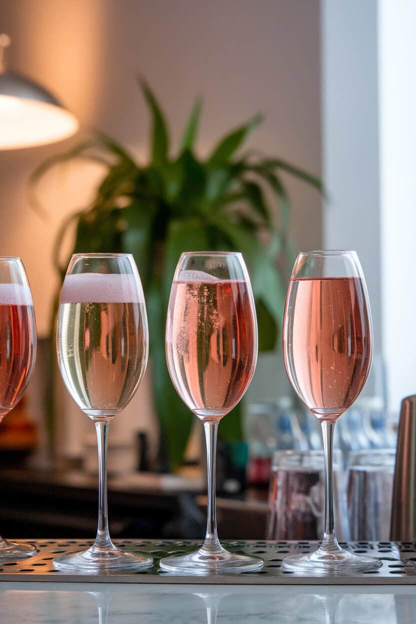 Indoor bar counter with three champagne tulips arranged in a row, each filled with rosé sparkling wine ranging from pale salmon to deep pink, no text or logos.