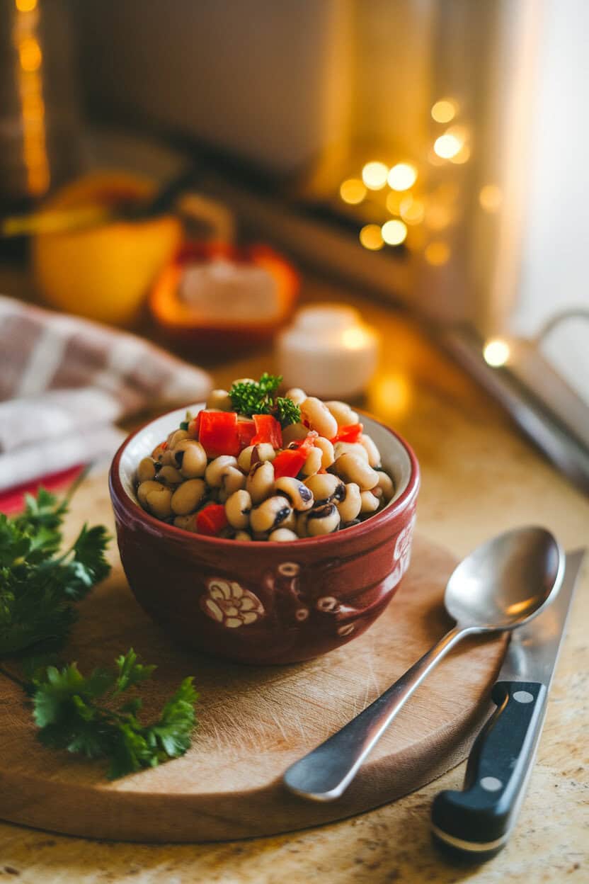 A warmly lit indoor countertop with a small ceramic bowl of cooked black-eyed pea relish mixed with diced red peppers and parsley. No text or logos visible. Photo only.