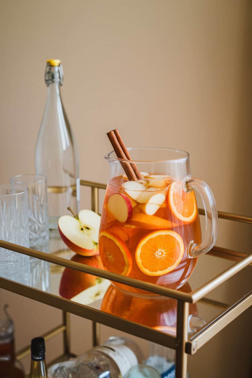 An indoor bar cart holding a clear pitcher of apple cider sangria packed with orange slices, apple chunks, and cinnamon sticks; no text or logos. Photo.