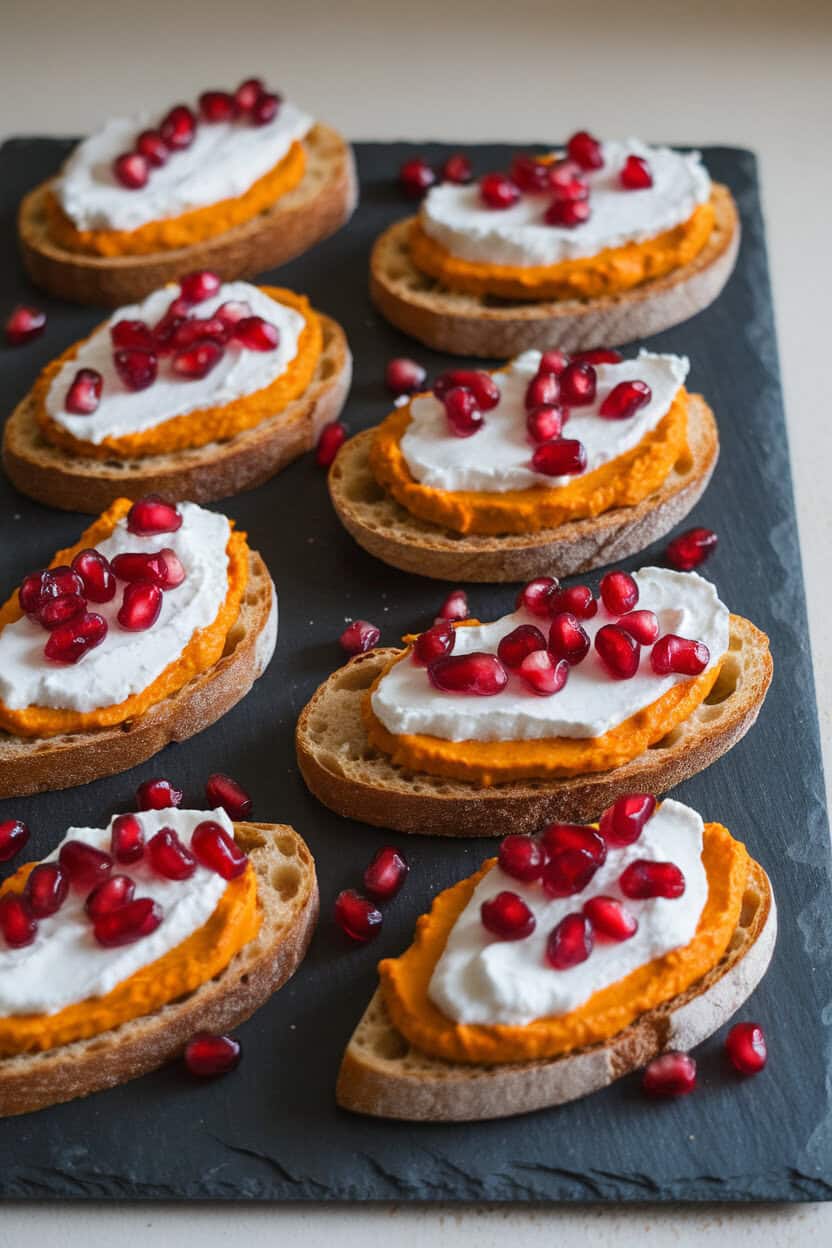 Toasted baguette slices topped with whipped ricotta and roasted pumpkin puree, dotted with ruby pomegranate seeds, arranged indoors on a slate board. No text or logos. Photo only.