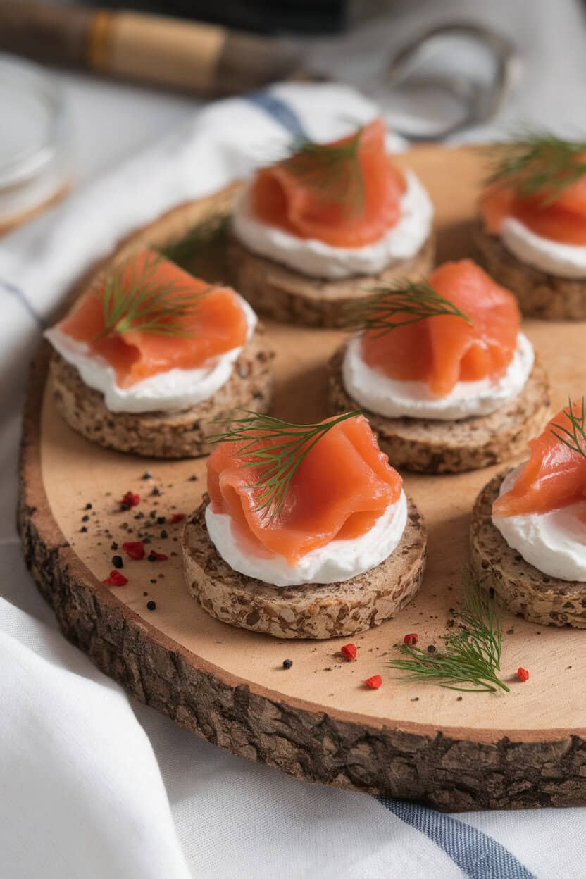 An indoor serving board with mini buckwheat blinis topped with smoked salmon, crème fraîche, and dill sprigs; photo, no text or logos.