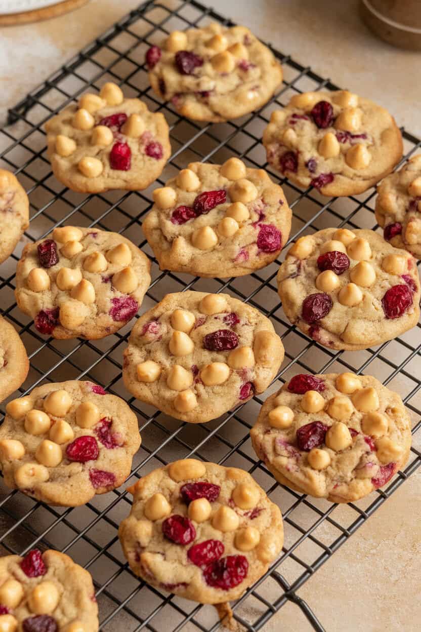 Photo prompt: Indoor cooling rack with cookies speckled by golden caramelized white chocolate chunks and ruby cranberries, no text or logos.