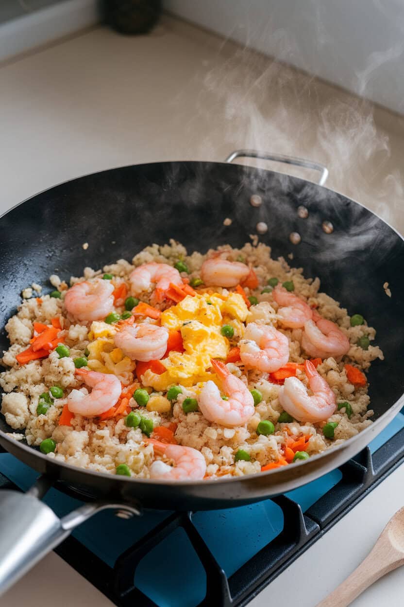 Photograph of a wok set on an indoor stovetop containing cauliflower rice stir-fried with pink cooked shrimp, peas, carrots, and scrambled egg pieces. No text or logos present.