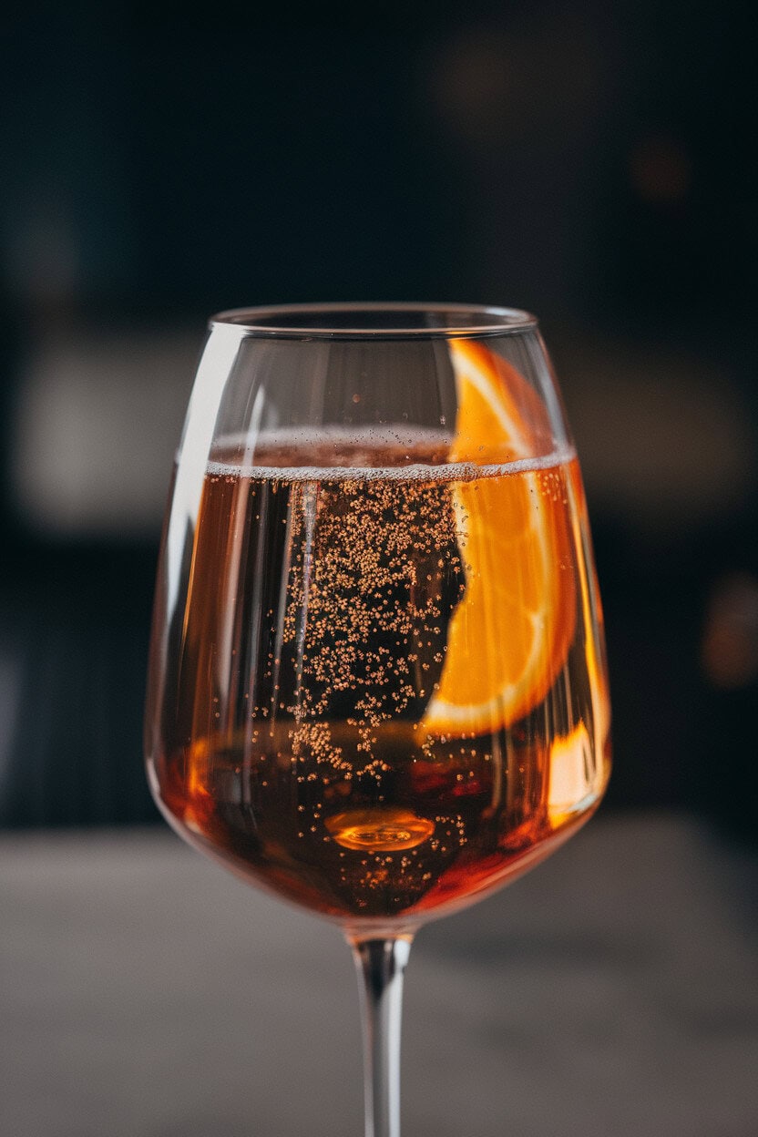 Photo of a stemless wine glass indoors, sparkling amber-red sbagliato with prosecco bubbles rising, thin slice of orange inside. No text or logos.