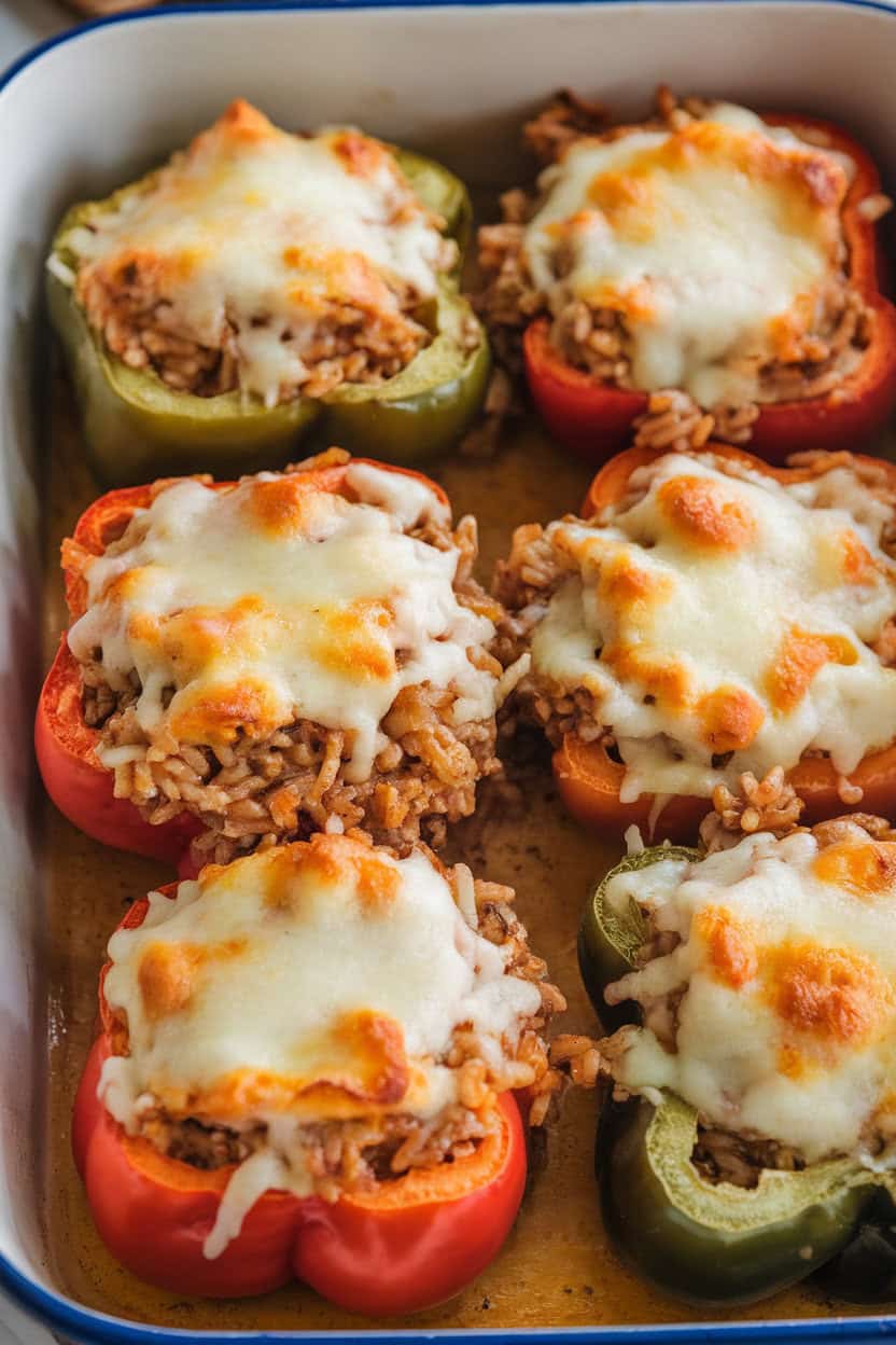Indoor baking dish showing colorful bell peppers stuffed with turkey and rice filling, cheese lightly browned on top, soft kitchen lighting, no text or logos.