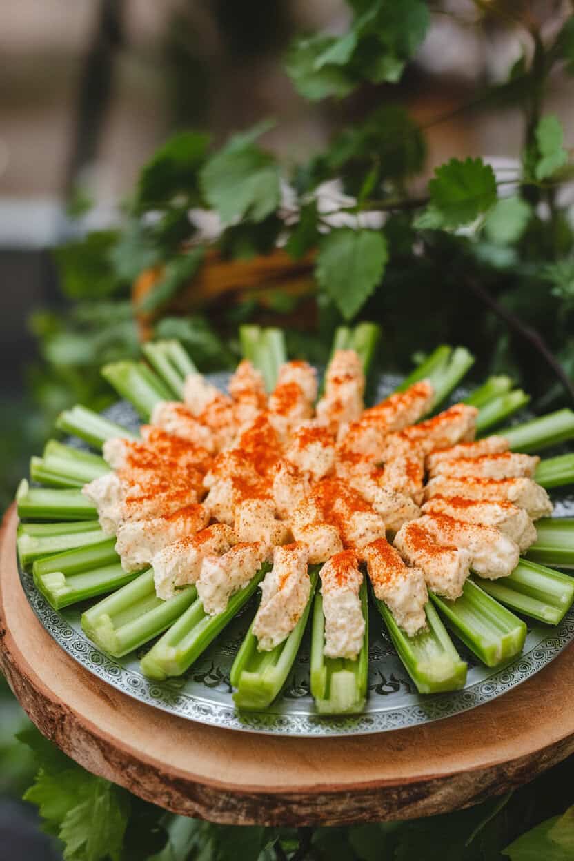 An indoor appetizer platter with celery sticks filled with creamy pimiento cheese, paprika dusted on top, no text or logos, photo style