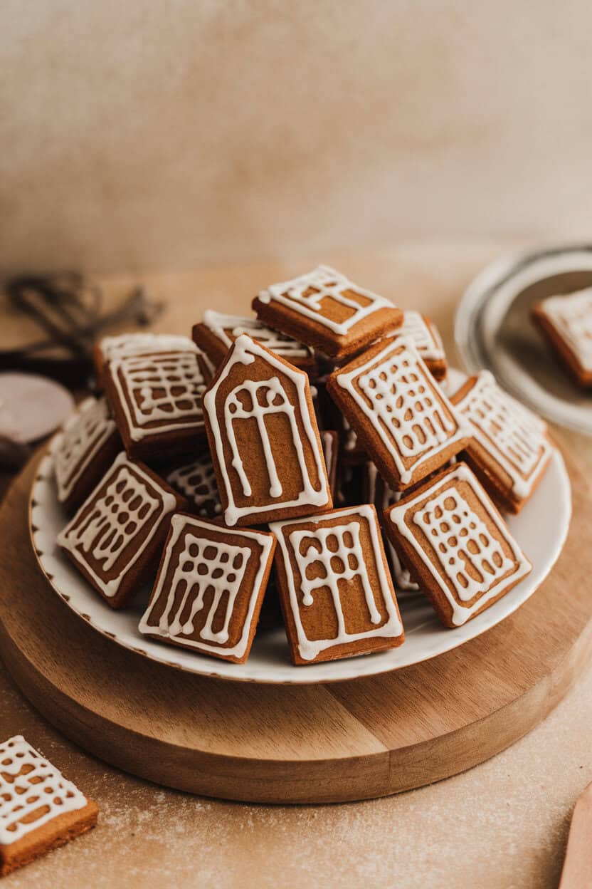 Photo, not illustration. Indoor plate of small square gingerbread bites iced with tiny haunted-house windows and doors. No branding visible.