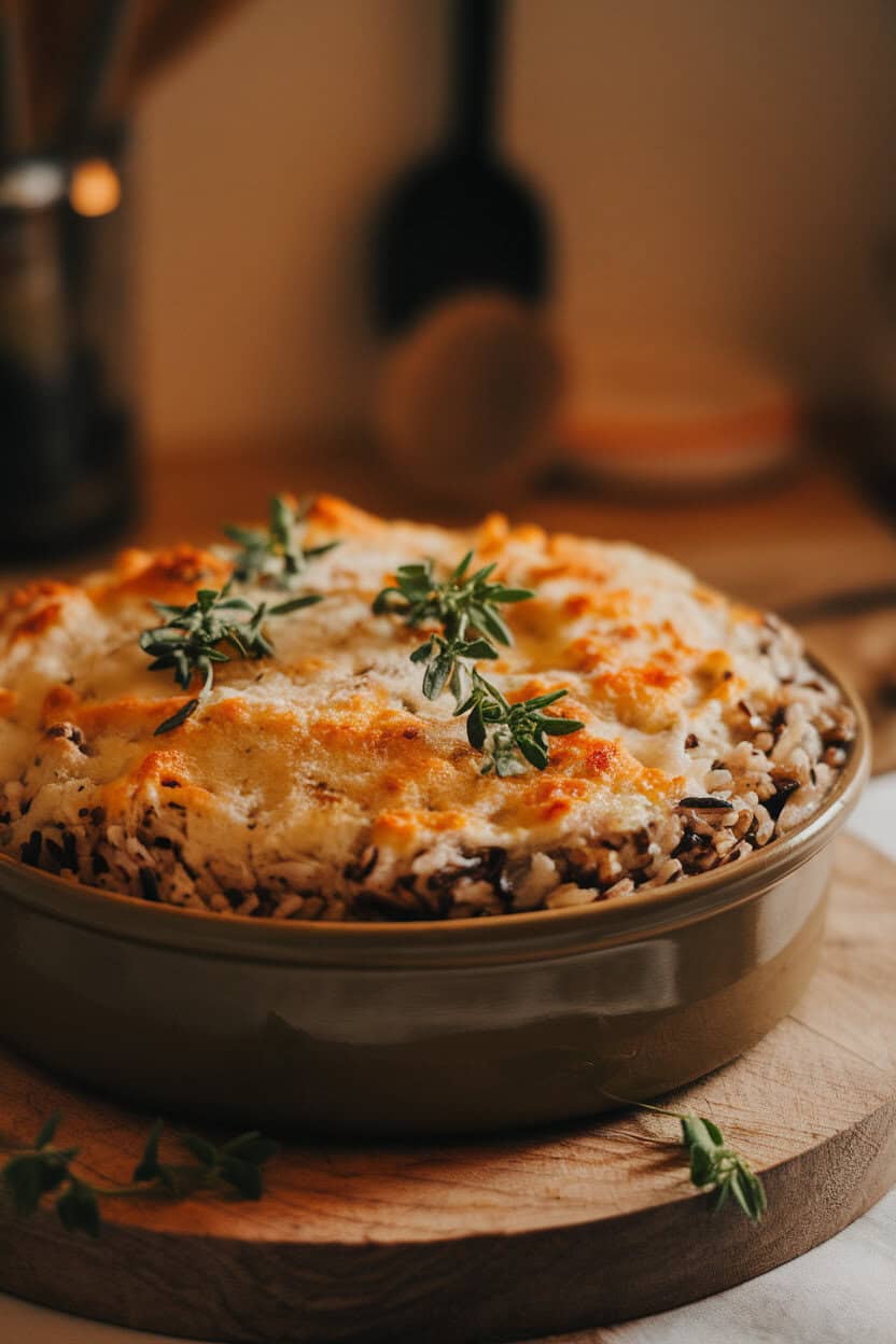 Warm indoor shot of a deep baking dish filled with wild rice and mixed mushrooms under a light cheese crust. Photo only, no text or logos.