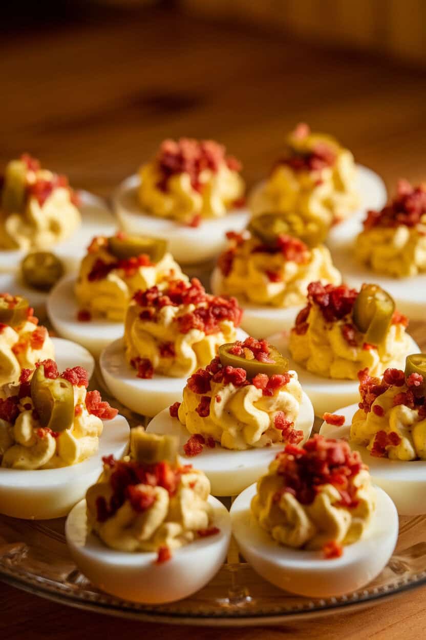 Photo of a deviled-egg platter indoors under warm lighting, eggs topped with creamy filling flecked with diced jalapeño and crisp bacon crumble; no text or logos