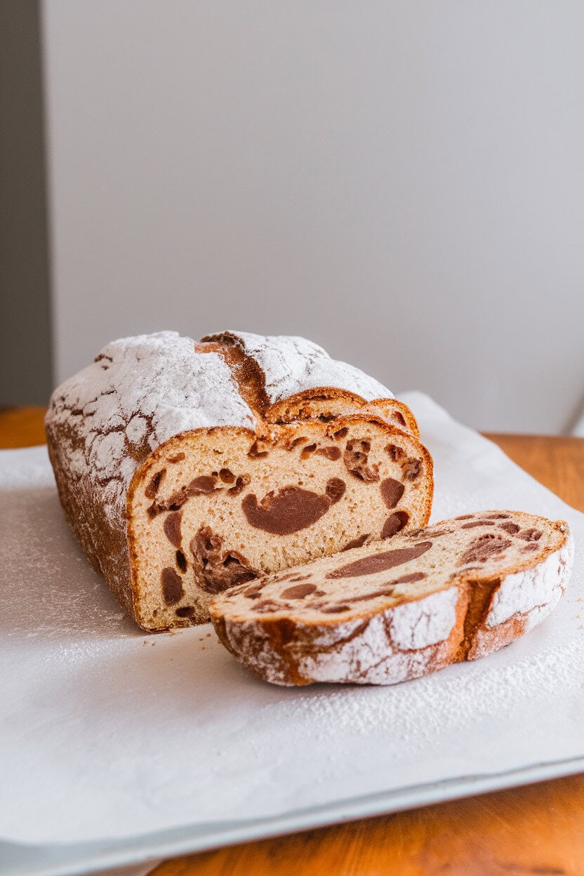 An indoor kitchen table showing a loaf of stollen sliced to display marzipan running through the center, finished with a heavy snow of powdered sugar. No text or logos present. Photo, not illustration.