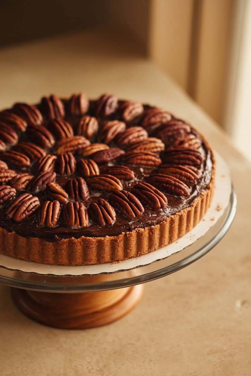 A rich chocolate bourbon pecan pie on a cake stand indoors, glossy topping visible. No text or logos. Photo, not illustration.