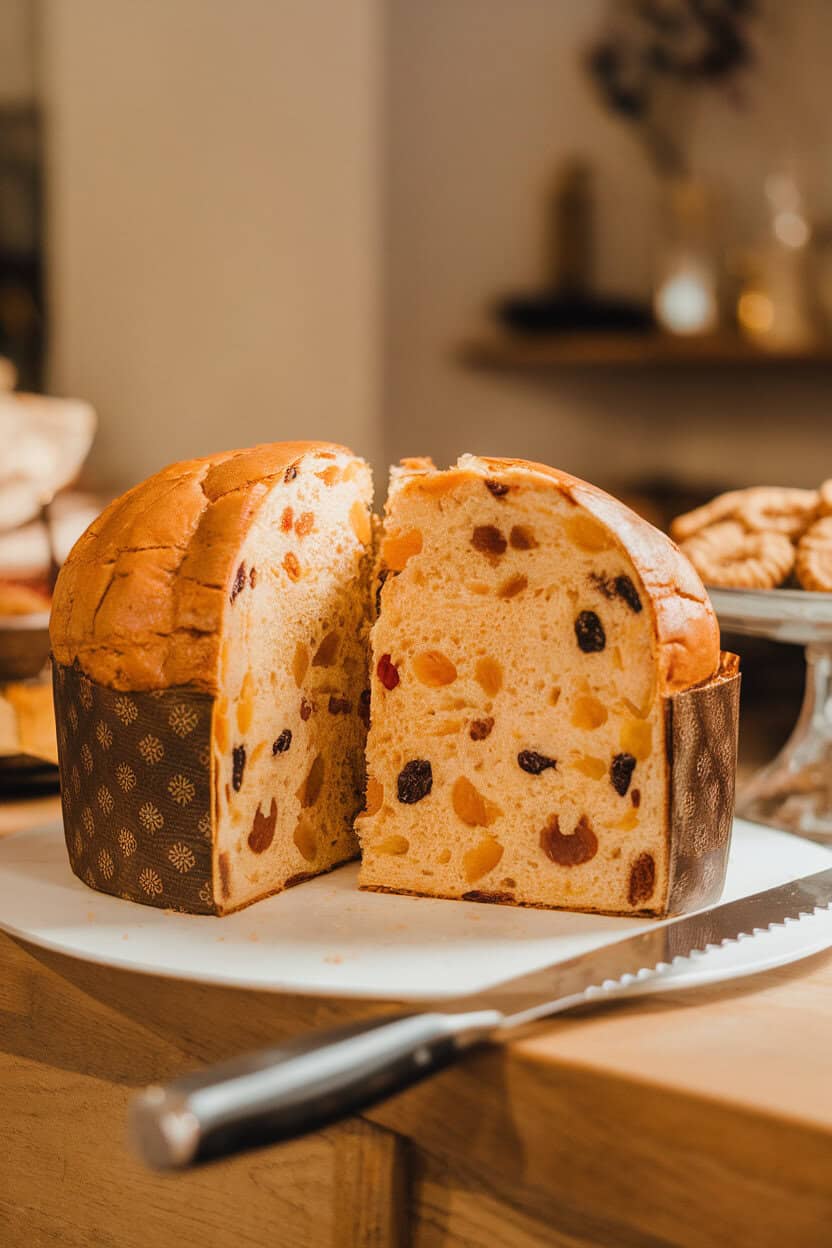 A warmly lit indoor counter with a tall, golden panettone sliced open to reveal candied fruit and raisins, a serrated knife nearby. No text or logos in the frame. Photo, not illustration.