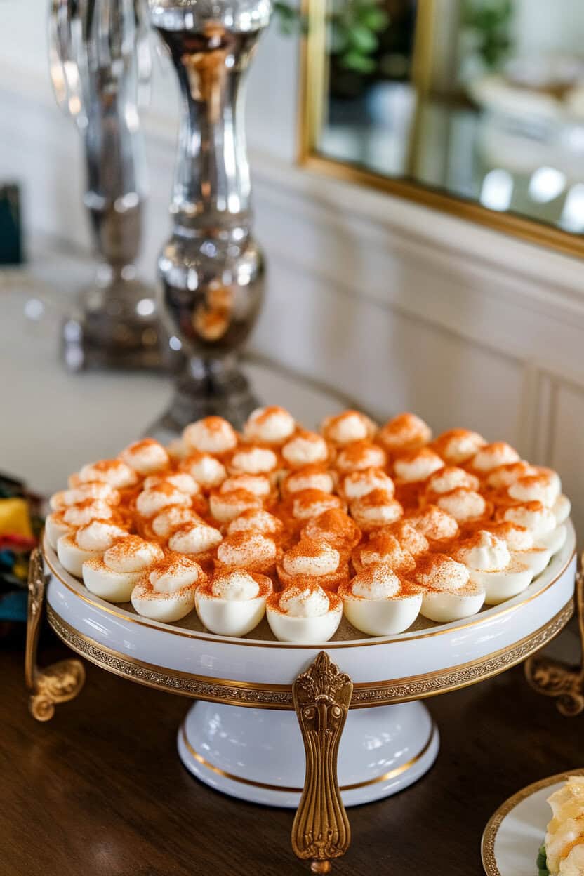 A white porcelain platter on an indoor buffet, lined with classic deviled eggs dusted generously with reddish smoked paprika; no text or logos. Photo.