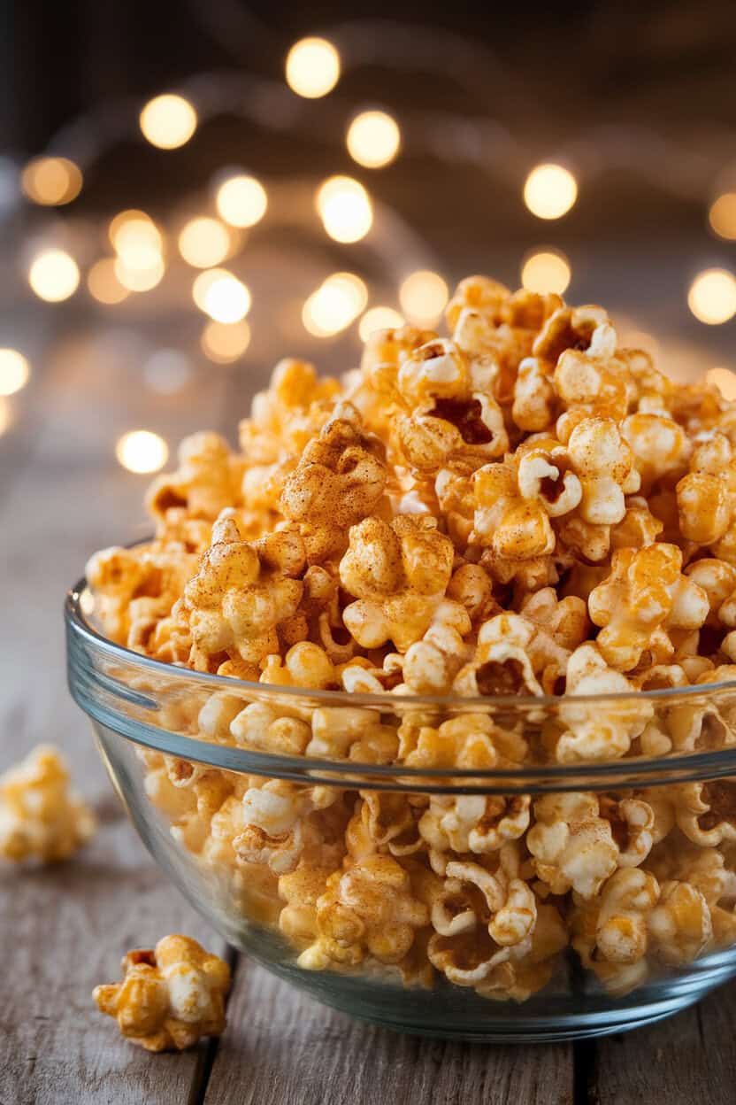 An indoor bowl overflowing with glossy caramel popcorn flecked with cinnamon and nutmeg, string lights blurred in background; no text or logos. Photo, not illustration.