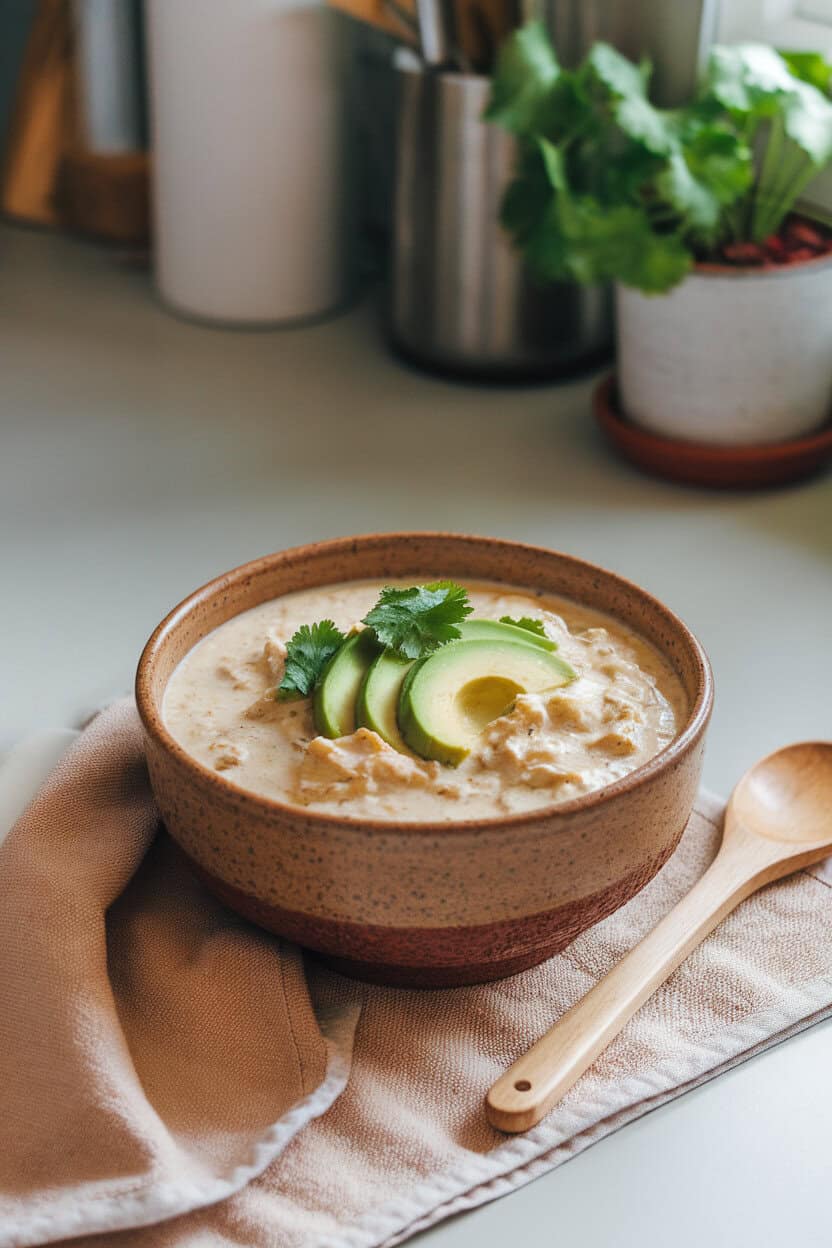 A ceramic bowl on an indoor kitchen counter filled with creamy white chicken chili topped with sliced avocado and cilantro. No text or logos. Photo, not an illustration.