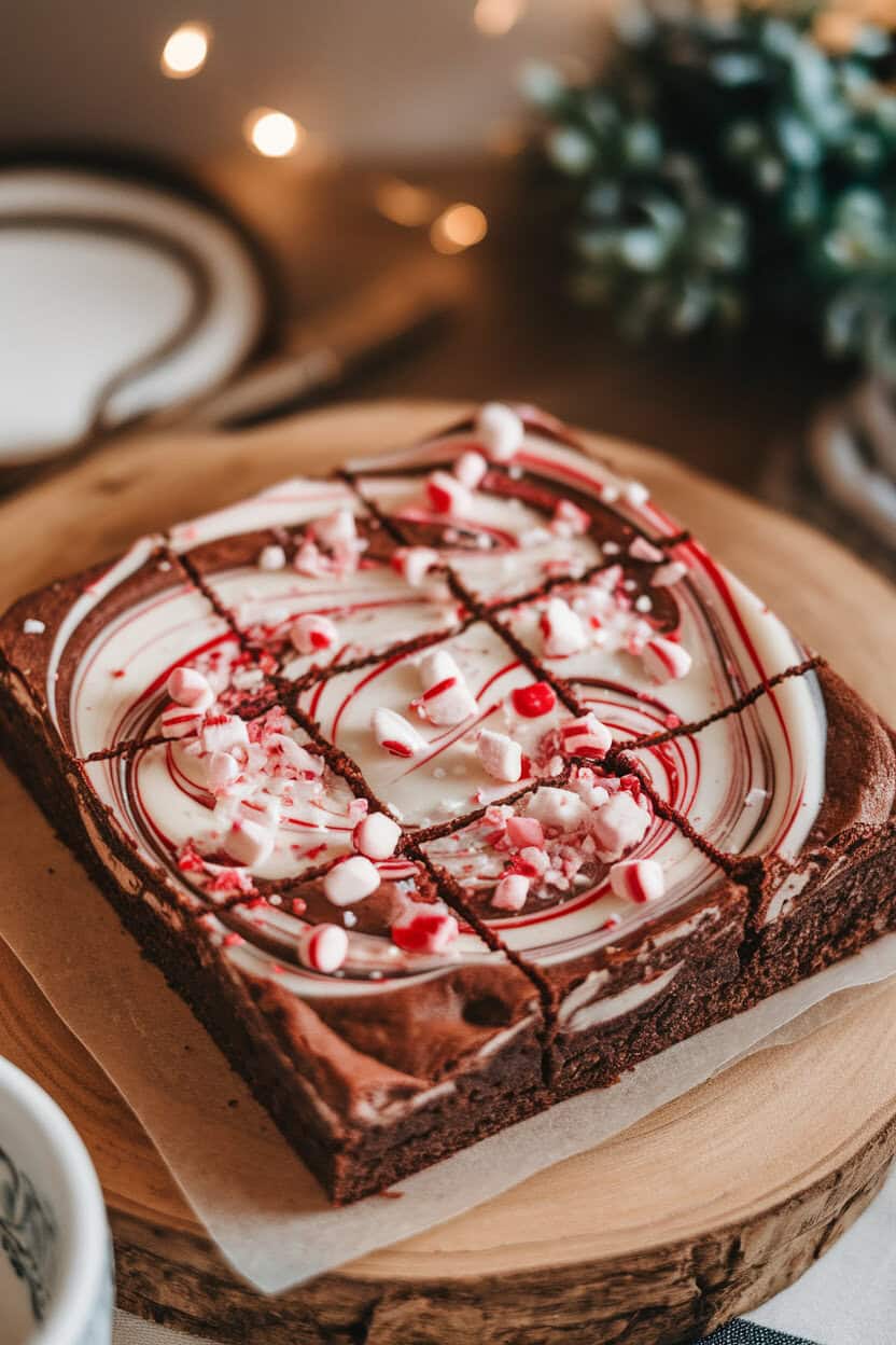A square dish of fudgy brownies swirled with white chocolate and crushed candy canes, cut into neat squares under indoor lighting. No logos or text.