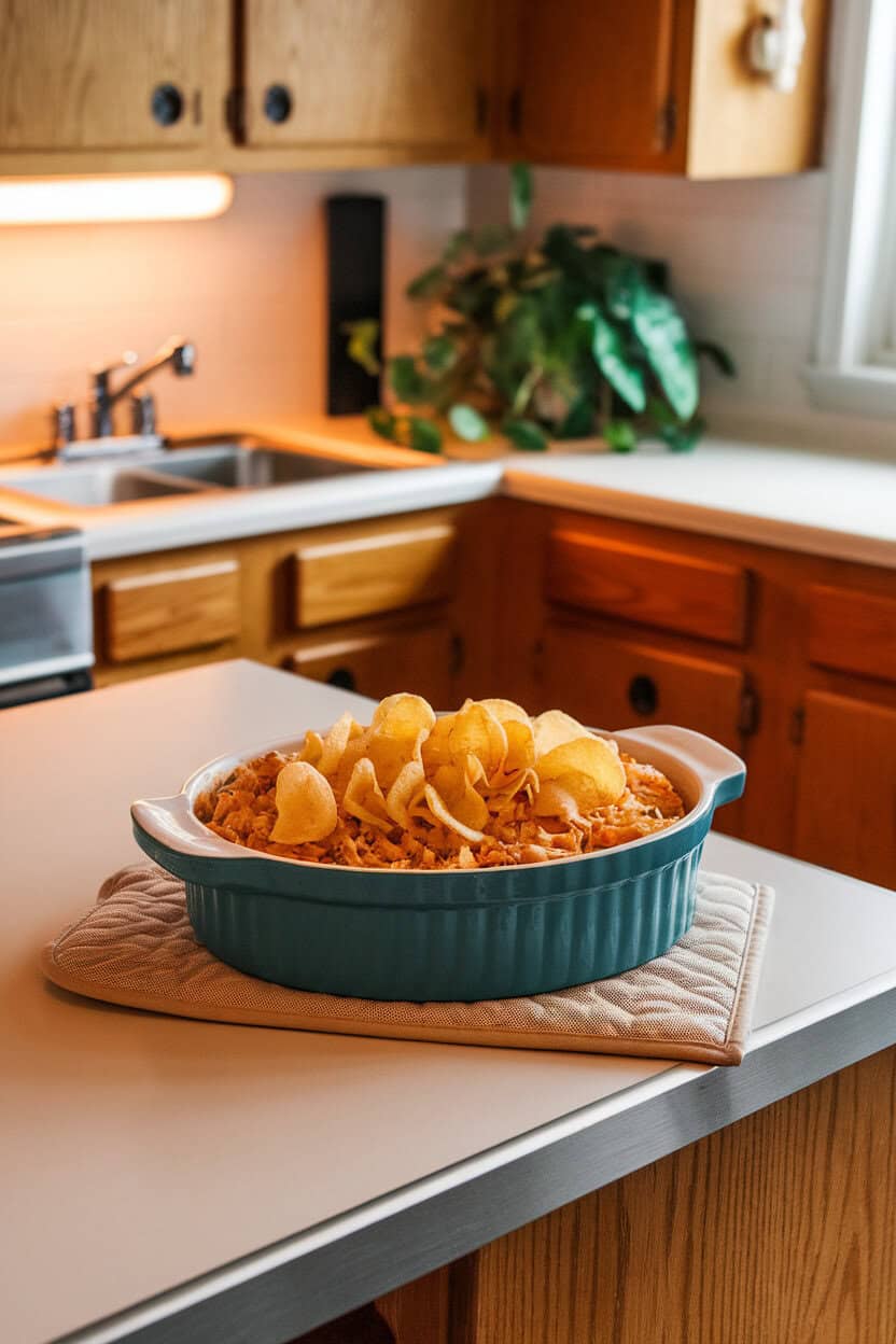 An indoor kitchen island featuring a retro-style casserole dish filled with tuna noodle casserole topped with crunchy potato chips. Photo only, no text or logos.