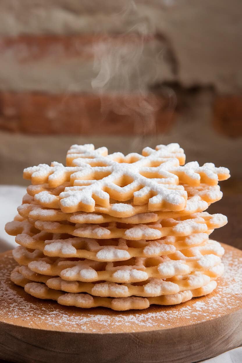 An indoor stack of thin, snowflake-patterned pizzelle cookies dusted lightly with powdered sugar, steam rising faintly. No text or logos in the scene. Photo, not illustration.