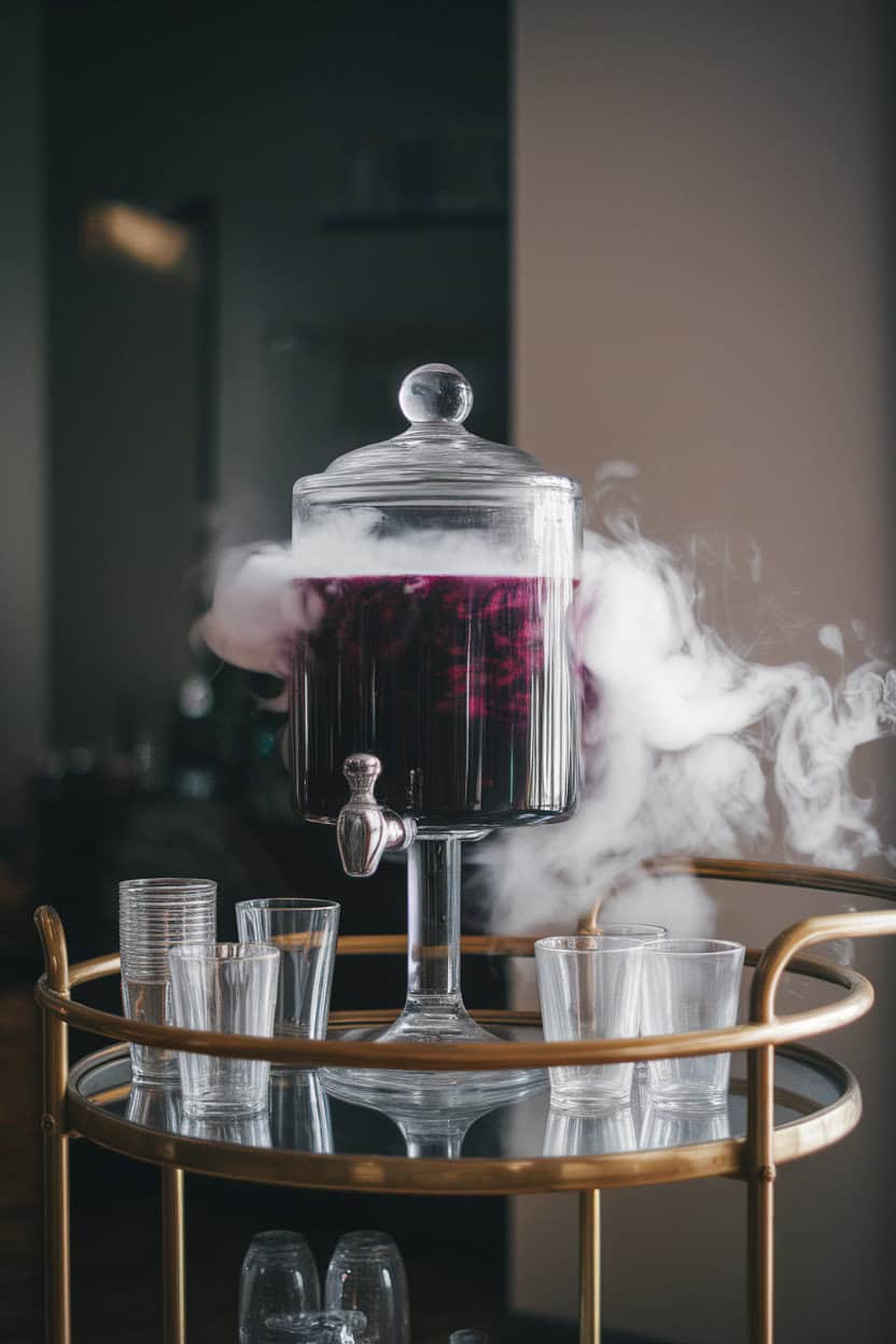 Indoor bar cart with a glass dispenser filled with dark purple punch, dry ice fog rolling over the sides. Clear cups nearby; no text or logos. Photo only.